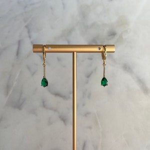 Gold Emerald Green Teardrop Huggie Earrings, Dangle Earrings, Green Earrings, Minimal, 18k Gold Plated, Gift for her