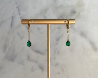 Gold Emerald Green Teardrop Huggie Earrings, Dangle Earrings, Green Earrings, Minimal, 18k Gold Plated, Gift for her