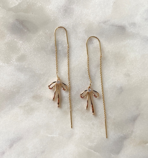 Gold Ribbon Bow Earrings, Coquette Earrings, Threader Earrings, Dainty Jewelry, 18K Gold Plated, Coquette Jewelry, Gift for Her