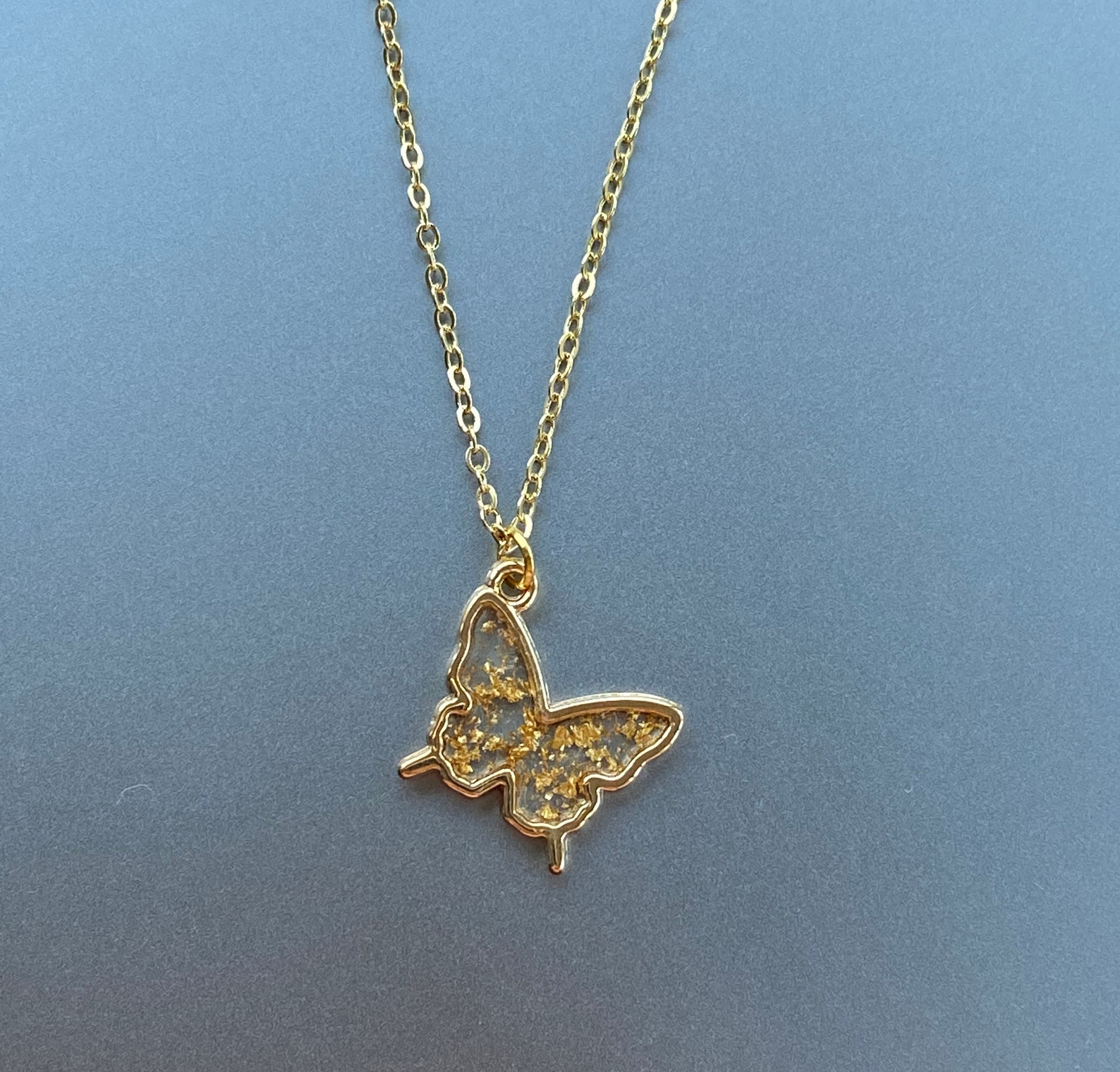 16K Gold Plated Butterfly Pendant Gold Flakes Resin Necklace - Etsy ...