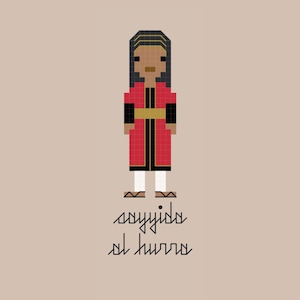 May include: Pixelated illustration of a person in a red coat with black accents, a gold belt, and white pants. The person has dark hair and is standing on a beige background. The text "sayyida al hurra" is written below the figure.