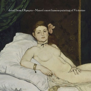 May include: A detail from the painting "Olympia" by &Eacute;douard Manet, depicting a woman reclining on a bed with a black ribbon around her neck and a flower in her hair.