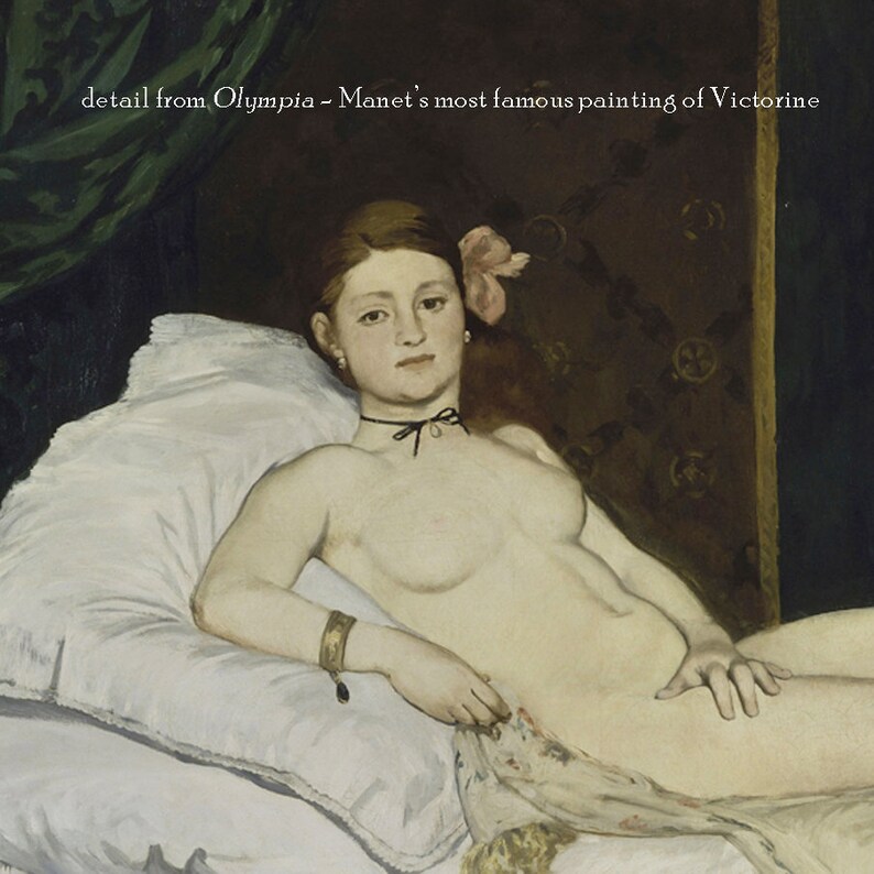 May include: A detail from the painting "Olympia" by &Eacute;douard Manet, depicting a woman reclining on a bed with a black ribbon around her neck and a flower in her hair.