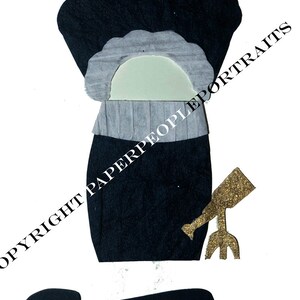 May include: Black and white paper cutout of Caroline Herschel, a female astronomer, holding a gold telescope. The cutout is on a white background with the text "COPYRIGHT PAPERPEOPLEPORTRAITS" and "Caroline Herschel" on a black banner.