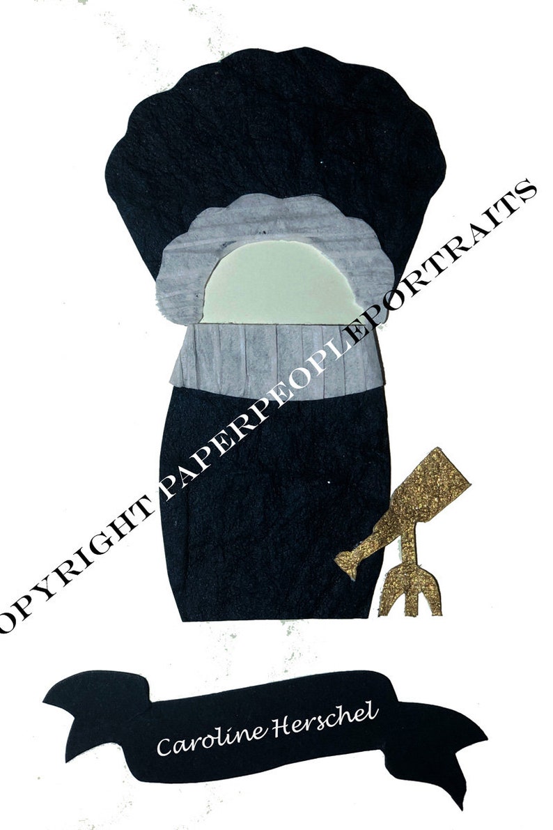 May include: Black and white paper cutout of Caroline Herschel, a female astronomer, holding a gold telescope. The cutout is on a white background with the text "COPYRIGHT PAPERPEOPLEPORTRAITS" and "Caroline Herschel" on a black banner.