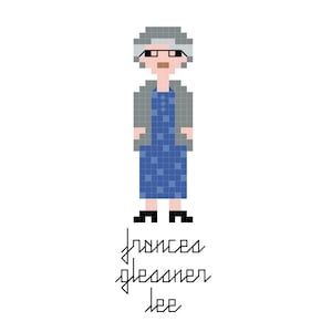 Puede incluir: Ilustración pixelada de una mujer con gafas, chaqueta gris y vestido azul. La imagen incluye el texto "frances glessner lee" en una fuente estilizada, sobre un fondo blanco. La mujer lleva zapatos negros.