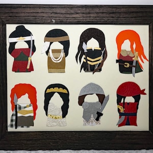 May include: A framed collage of eight paper cutouts of female figures, each with a unique hairstyle, clothing, and accessories. The figures are arranged in two rows of four, with a white background.