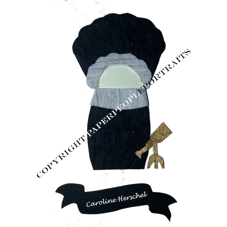 May include: Black and white paper cutout portrait of Caroline Herschel, a female astronomer, holding a gold telescope. The portrait is labeled "COPYRIGHT PAPERPEOPLEPORTRAITS".