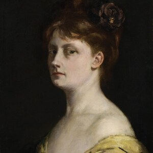May include: A painting of a woman with brown hair, wearing a yellow dress and a black flower in her hair. The painting is titled "Victorine's first Self-Portrait".