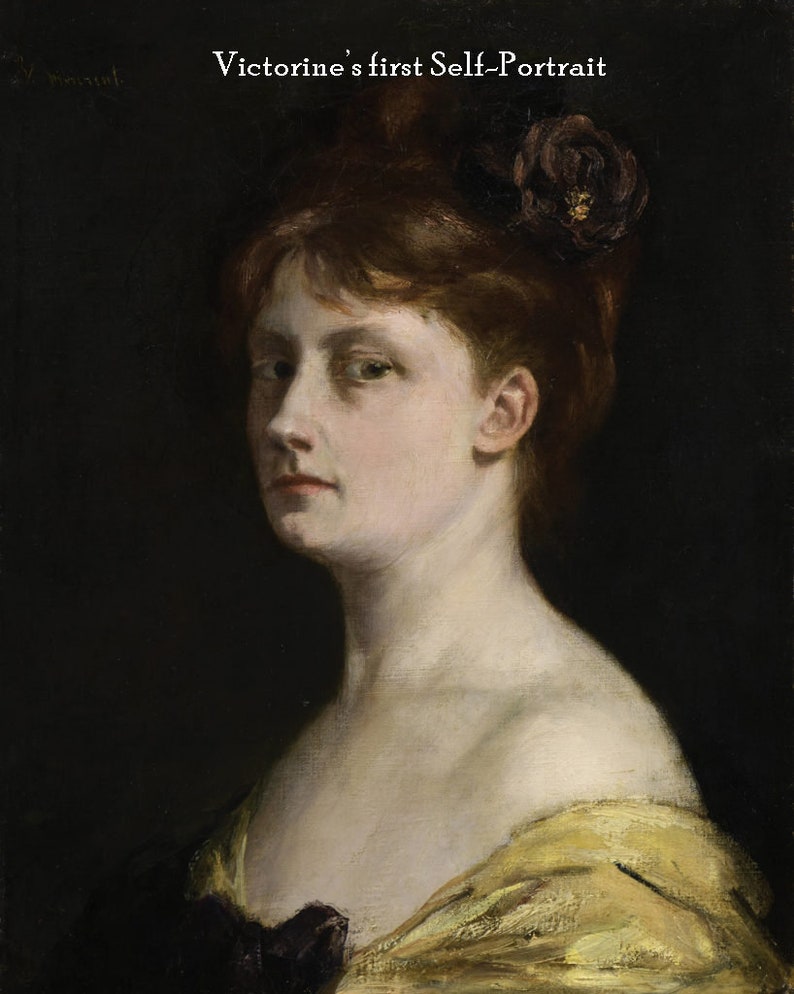 May include: A painting of a woman with brown hair, wearing a yellow dress and a black flower in her hair. The painting is titled "Victorine's first Self-Portrait".