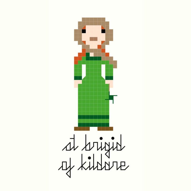 Puede incluir: Una ilustraci&oacute;n de arte de p&iacute;xeles de una mujer con cabello casta&ntilde;o y un vestido verde. El texto "at brigid of kildare" est&aacute; debajo de la imagen.