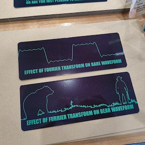 May include: Two rectangular black signs with a grid pattern and green graphics. The top sign shows a waveform and the text EFFECT OF FOURIER TRANSFORM ON BARE WAVEFORM. The bottom sign shows a bear and a person with the text EFFECT OF FURRIER TRANSFORM ON BEAR WAVEFORM.