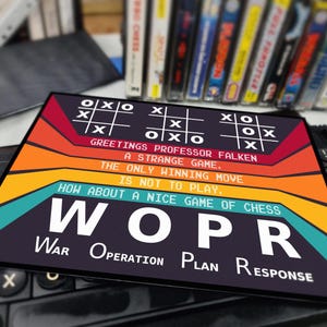May include: A retro-style illustration of a game of tic-tac-toe with the text "Greetings Professor Falken A strange game. The only winning move is not to play. How about a nice game of chess WOPR War Operation Plan Response".