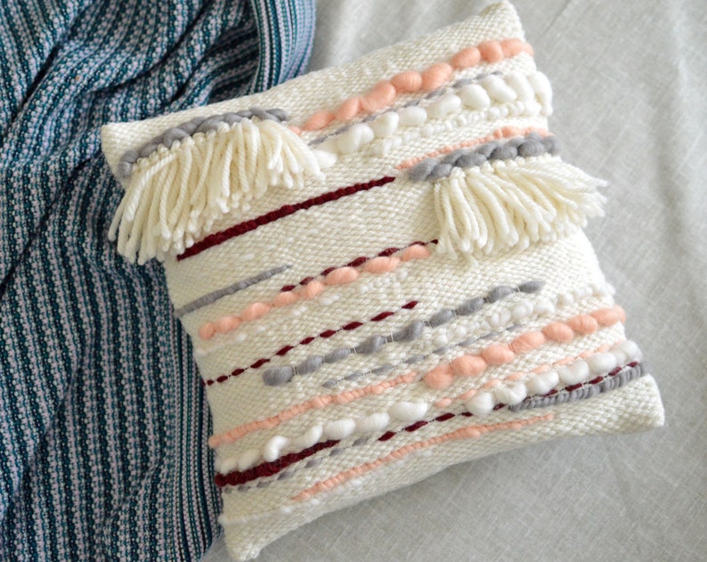 White and Pink Textured Cushion Cover Handwoven Striped Etsy