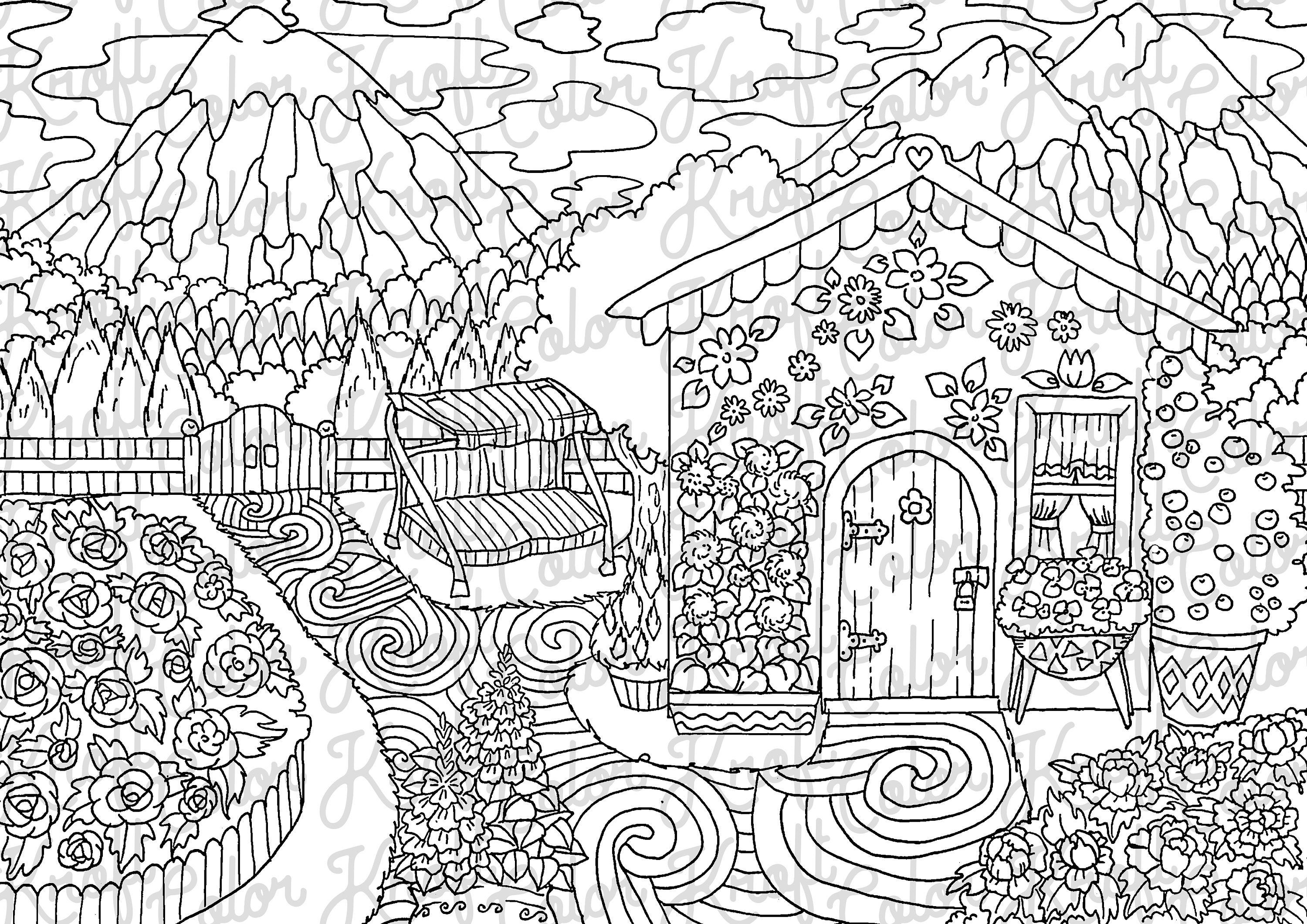 Gardener's Cabin in the Mountains // Coloring Page Printable // Digital