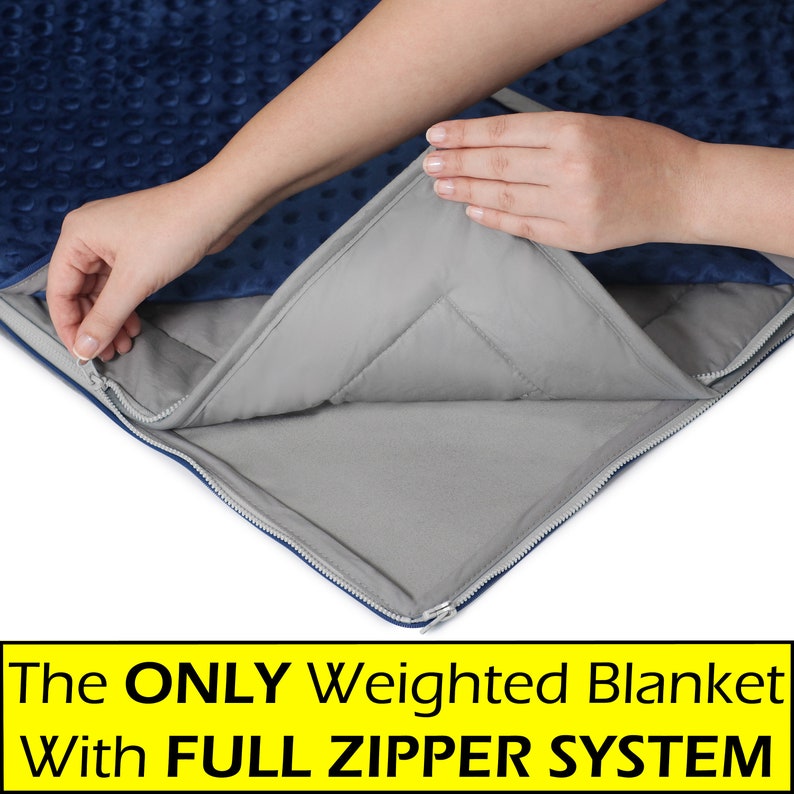 May include: A blue weighted blanket with a zipper that is being opened to reveal the gray weighted inner layer. The text on the image reads "The ONLY Weighted Blanket with FULL ZIPPER SYSTEM".