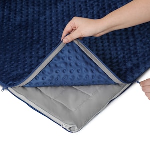May include: A blue weighted blanket with a zipper. The blanket is made of soft, textured fabric and has a gray quilted lining.