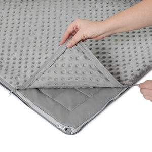 May include: A gray weighted blanket with a zipper. The blanket is made of soft, plush fabric with a subtle pattern of small dots. The zipper allows the blanket to be opened and closed, revealing the inner layers of the blanket.