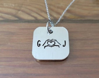 Always & Forever Couple's Heart Hands Necklace with Initials 1" Valentine's Day Birthday Anniversary I love You 20" Stainless Steel Chain