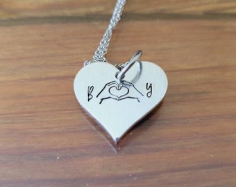 No Matter What Couple's Heart Hands Necklace w Initials 1" Heart Valentine's Day Birthday Anniversary 20" Stainless Steel Rolo Chain Durable