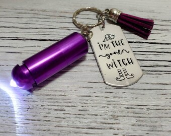 I'm the Good Witch Halloween Keychain Witch Feet and Witch Hat Jewlery with Flashlight Customizable and Various Colors Trick or Treat Purple