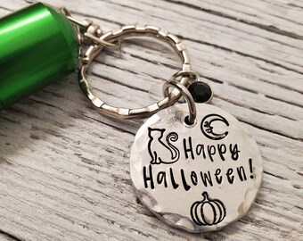 Happy Halloween Keychain Black Cat, Pumpkin and Moon Keychain with Flashlight and charm Customizable and Various Colors Trick or Treat Green