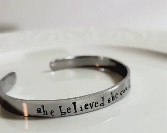 She Believed She Could, So She Did Hidden Message Name Adjustable Cuff Bracelet, Stainless Steel 1/4" x 6" Can Customize