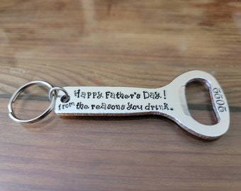 Funny Father's Day Bottle Opener Keychain: Custom Hand Stamped Aluminum