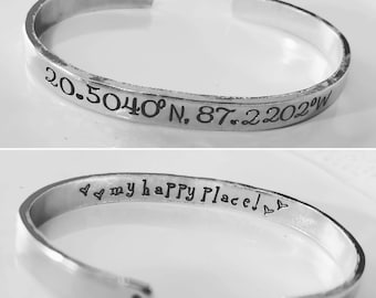 GPS coordinates Hidden Message Adjustable Cuff Bracelet, Aluminium 1/4" x 6" Can Customize