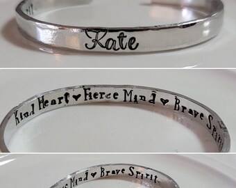 Kind Heart Fierce Mind Brave Spirit, Adjustable Cuff Bracelet with Name, Aluminium 1/4" x 6" Can Customize