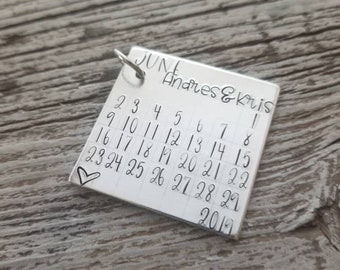 Personalized Calendar Keychain Valentines Day Wedding Anniversary Engagement Grooms Gift Hand Stamped Calendar Handmade 1.5 inch Jewelry