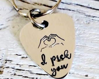 I Pick You Necklace or Keychain with Guitar Pick Shaped Thick Durable Aluminum Heart Hands Couples Gift, can Customize Father's Day Gift