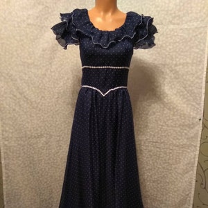 Vintage 70&#39;s  Long dress Lina C Polka-dot dress Dark blue  Dress with ruffles