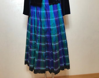 Vintage zijden geplooide rok plaid patroon in blauwe en paarse tinten Midi lengte A-lijn rok Klein formaat