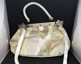 Leather Art Jewelryバッグ Ivory Vintage 90s Bag, Abstract Suture of Leather Pieces