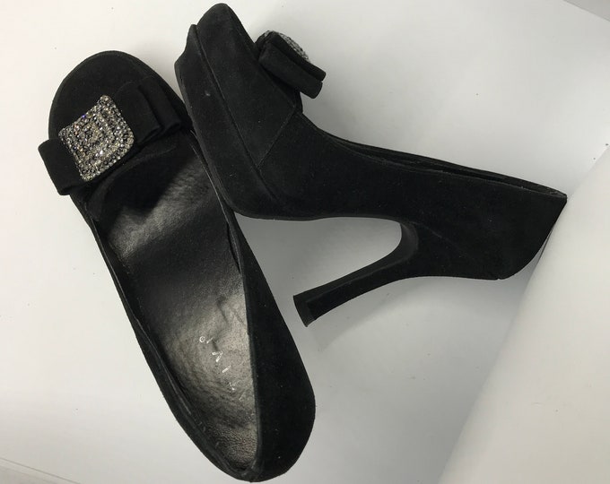 high heels womans formal heels Black vintage shoes high platform square toe suede leather material size 37