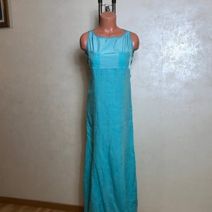 Blue vintage linen dress, empire waist, sleeveless, maxi length, A-line design, medium size