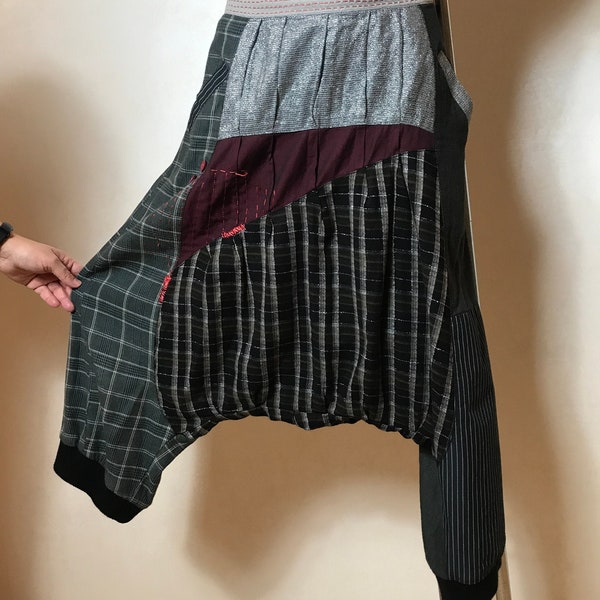 Vintage harem pants, Desiqual, plaid pattern, natural fabric, wide pants, wide waist, large size, below-the-knee length, elastic hem