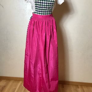 Vintage apron, magenta pink, maxi length, spaghetti straps, gathered waist, glossy fabric, home wear