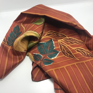 Silk vintage 80s signature scarf, Nina Ricci, twill silk, hand edge, passport present, square shape, big size, striped and leaves print