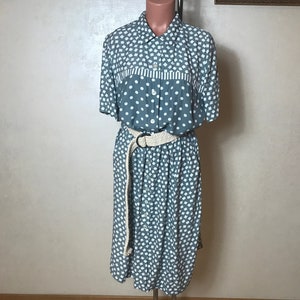 Vintage 70s two piece set, skirt and blouse, blue white polka dot print, button up front, short sleeves, elastic waist, medium size