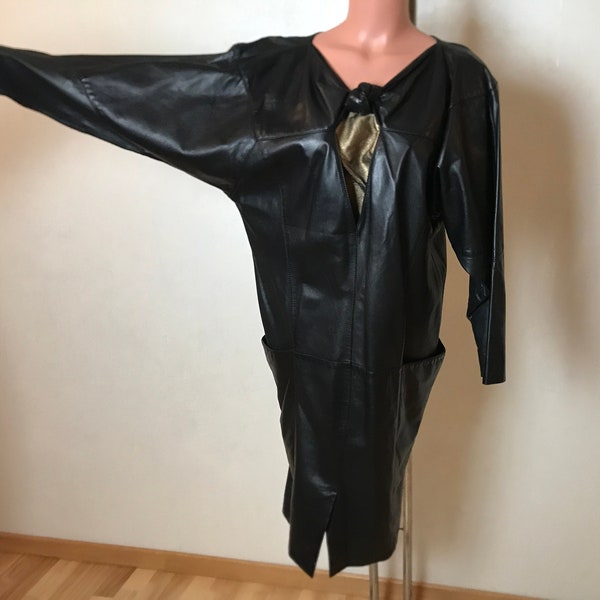 Black vintage 80s dress, artificial leather, medium size, black dress, knee length, long dolman sleeves, V-line dress, demi season