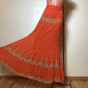 Orange vintage 80s skirt, Indian skirt, beads embroidery, maxi length, elastic waist, ethnic skirt, A-line