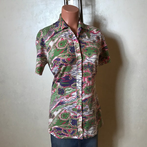 Vintage 70s shirt, absatrct print, warm wool shirt, long length, short sleeves, small size, autumn shirt, button up front