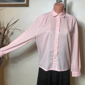 Vintage 80s women&#39;s shirt, pink fabric with striped print, long sleeves, button up front, formal shirt, medium size