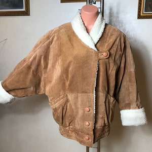 Vintage 90s coat for women, brown leather, artificial fur, medium size, warm winter jacket, button up front, sheepskin coat