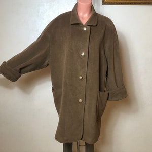 Brown vintage 80s coat, women's overcoat, wool fabric, long sleeves, large size, button up, knee length, autumn coat
