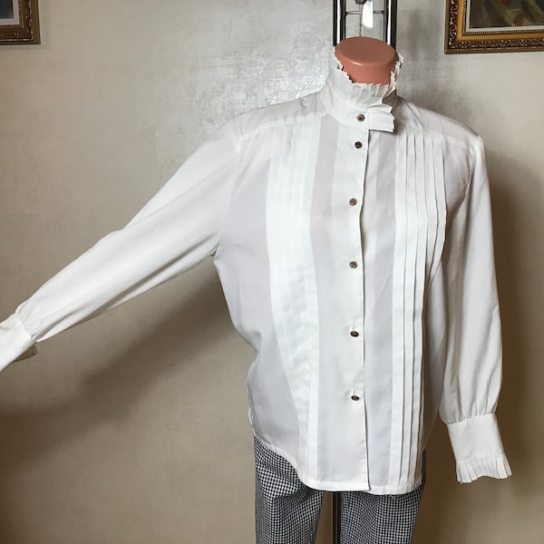 Vintage 80s shirt, classic design, long sleeves, ruff stand collar, pleated front, medium size, minimalist blouse