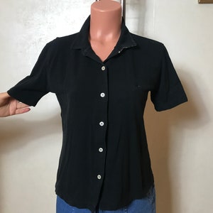Cotton vintage 90s women&#39;s polo shirt,  button up front, collar, short sleeves, black shirt, sheath design, small size