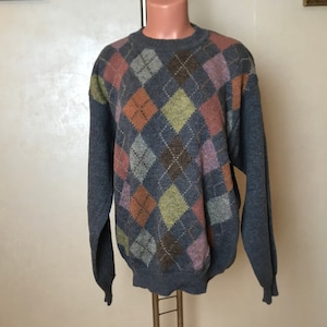 Unisex vintage 80s sweater, pure wool fabric, plaid print, blue brown orange, large size, warm winter pullover, oversize